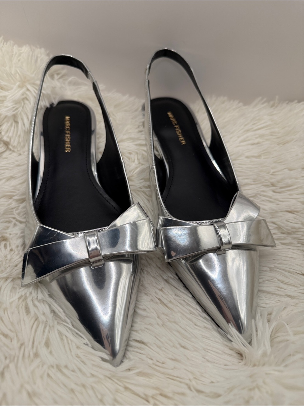 Marc Fisher Metallic Silver Pointed Slingback Flats with Bow